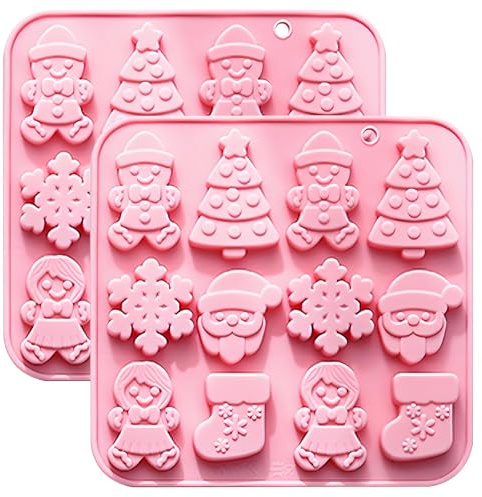 Weihnachten Silikon-Backform, 12 Mulden, 16,3x15,8 cm, Rosa, 2er-Set | Weihnachtsmotive, Schokoladenform, Antihaft-Oberfläche, Lebensmittelecht, Wiederverwendbar