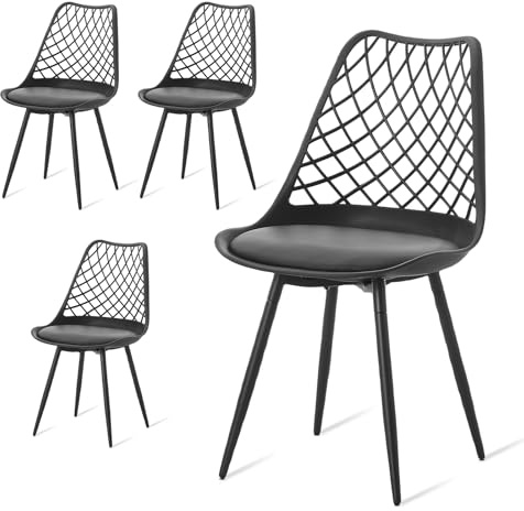 CHAIRABLE Plastic Dining Kitchen Chair Set of 4 with Padded Seat White | Mesh Design Side Shell Chair for Indoor/Outdoor Dining Room Living Room Cafe Restaurant and Office