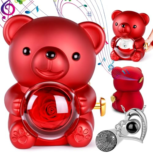 Aloskart Orso Rosa Eterna con Collana e Scatola Musicale Meccanica | Rosa Stabilizzata, Regalo San Valentino, Per Donna Mamma Moglie Fidanzata Figlia, Idea Regalo Donna Compleanno