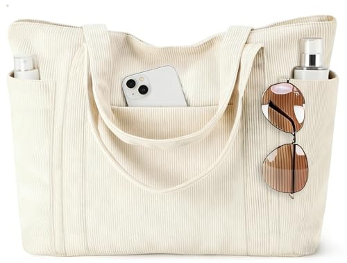 Mngevcy Cord Tasche Damen, Groß Tote Bag Strandtasche mit Reißverschluss, Shopper Tasche Damen, Handtasche Umhängetasche für Arbeit Schule und Gym Reisetasche Familie, Beige