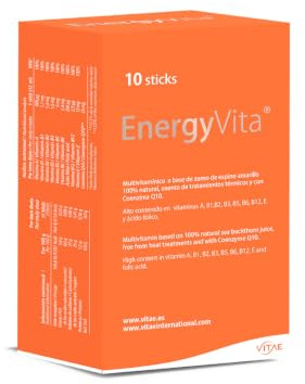 VITAE EnergyVita 10 Sticks | Multivitamínico Natural con Espino Amarillo y Coenzima Q10 | Vitaminas para el Cansancio y Energía Adultos y Niños +3 años | Complejo Vitamínico B, A y E | Vegano