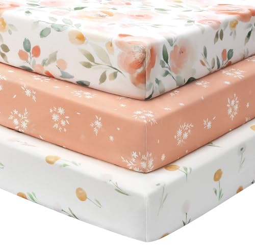 FIEMOL Baby Spannbettlaken 60x120 cm Babybett Spannbetttuch, 3er-Pack Mikrofaser Bettlaken Für babybetten, Ultrasanft & Seidigglatt Bettlaken Wasserblumen in Orange