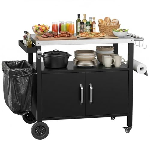 TLSUNNY Carrello per Barbecue con Piano in Acciaio Inox, Tavolo per Barbecue con Porta, 4 Ruote, Carrello da Cucina da Esterno, Carrello da Giardino per Terrazzo, Balcone, Picnic, 112 x 51 x 82.5 cm