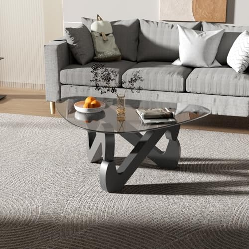 Dreieckiger Glas-Couchtisch, Modern Couchtisch mit Dreieckigem Holzsockel und Gehärtetem Glas,Ausgefallene Kaffeetisch für Wohnzimmer Büro,82*57*35cm,Durchsichtig Beistelltisch (Schwarz (Tischbeine))