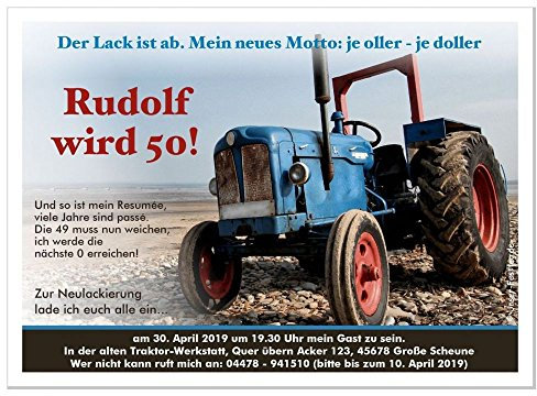 Einladungskarte zum 30. 40. 50. 60. Geburtstag - Traktor - Männer Frauen - mit Wunschtext, jedes Alter möglich, Größe 17 x 12 cm, 100 Stück
