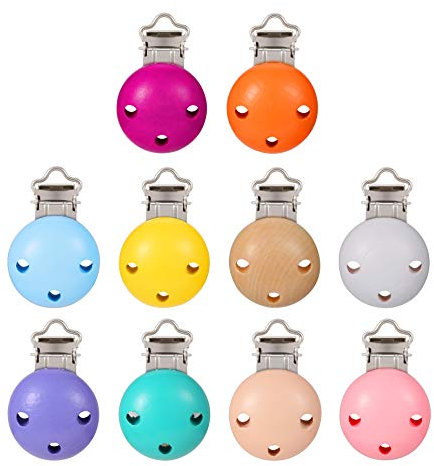 KWOKWEI Mehrfarbig Schnuller Clip, 10 Stücke Schnullerclips Set aus Holz und Eisen, 44mm Holz Schnullerketten Clips/Dummy Nippel Halter für Baby und Kind