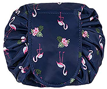 Große Kapazität faul Makeup Kulturbeutel Kordelzug tragbare Reise lässig Wasserdicht Schnellpackung Magic Makeup Aufbewahrungstasche perfekt für Frauen Mädchen (Dunkelblauer Flamingo)