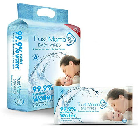 Trust Mama Baby wipes Natural Nappy Wipes Chemical Free for Sensitive Skin Pure Water (4 Packs of 60 Wipes)