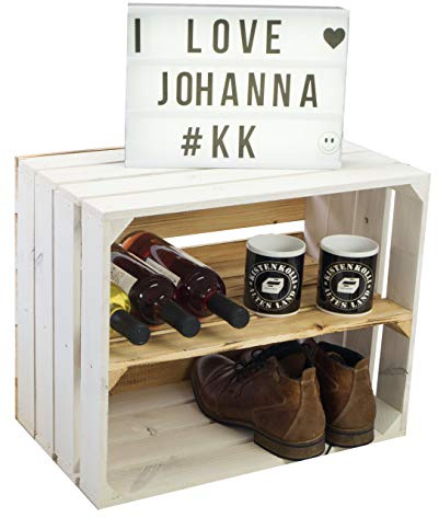 Kistenkolli weiße Massive Weinkiste/Schuh- Bücherregalkiste Obstkiste Maße ca 50 x 40 x 29cm Holzkiste Dekokiste Regal (Weiss geflammter Boden Quer geflammt)