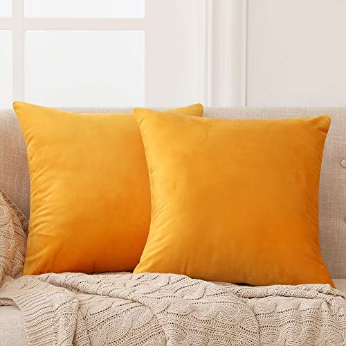 Deconovo 2er Set Samt Kissenbezüge Sofa Kissenbezug Zierkissenbezüge Weich Design Dekor Schlafzimmer Wohnzimmer Couch Büro, 40x40 cm, Gelb
