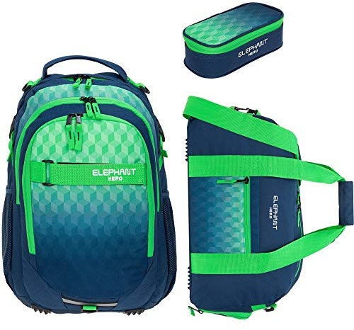 Elephant 3 Teile Set Schulrucksack Hero Signature Rucksack + Sporttasche + Mäppchen 12609 (Cube Green Blue)