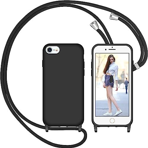 Nupcknn Coque avec Cordon pour iPhone 7/iPhone 8/iPhone SE 2020, Liquide Silicone Coque Collier Réglable Téléphone Étui Portable Lanyard Case Protection Complète Cover de iPhone 7/8/SE 2020(Noir)
