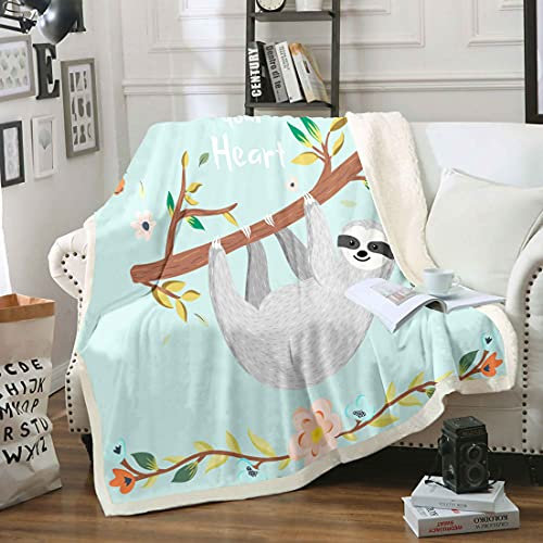 Loussiesd Niedlich Faultier drucken Decke 220x240cm Kinder Kuscheldecke für Jungen Frauen Faultier Tier Wohndecke Tropenpflanzen Blumenblätter Geäst Muster Flanell Fleecedecke