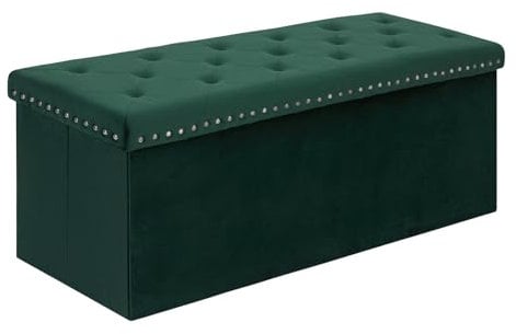Bonlife Folding Ottoman Bench Seat with Storage,Extra Large End of Bed Storage with Lids,Velvet Footstool for Living Room,Dark Green,110x40x40cm