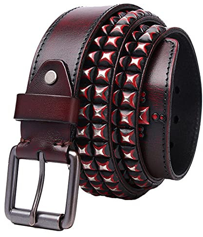 3 Reihen Pyramide Metall Nietengürtel Echtes Leder Gürtel Mit Legierung Dornschließe Herren Damen 38Cm Breit Punk Rock Style 105Cm - 125Cm Kürzbar,Rot,105cm/waist:34~36