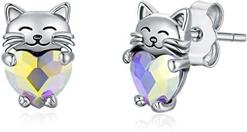 Katze Ohrstecker 925 Silber Creolen Mädchen Kätzchen Hypoallergen Ohrringe mit Kristall Katzen Schmuck Tier Katze Geschenke für Kinder Frauen Damen…