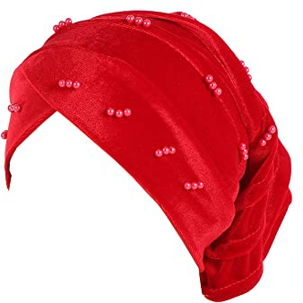 JDYaoYing Turban-Kopfbedeckung, Schal, Samt, Perlen, Kopfbedeckung für Damen, florales Muster, Beanie-Mütze, Haarabdeckung, rot, Einheitsgröße