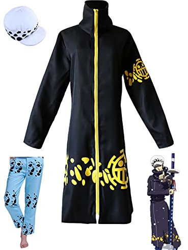 KITAT Anime Cosplay Kostüm Einteiler Trafalgar Law Cloak Hut Chirurg Uniform Outfits Halloween Party Unisex Mantel (Medium, Coat + Hose + Hut)