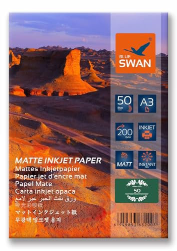 A3 Matt Fotopapier Matte Beschichtung, Einseitig bedruckbar, 200g/qm, DIN A3 (297 x 420 mm) hohe Farbbrillianz, Geringe Reflexion