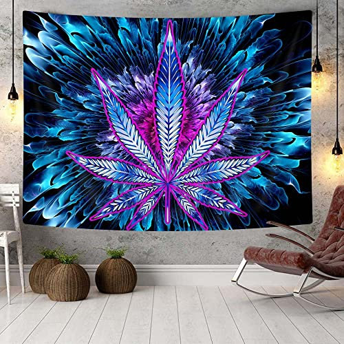 Bzhilja Weed Wandteppich, cooler Marihuana, kleiner Wandbehang für Herren-Schlafzimmer, Trippy Purple Blue Stoner Tapisseries, Hippie-Poster, Stranddecke, Studentenwohnheim, Heimdekoration (71W x 60H)