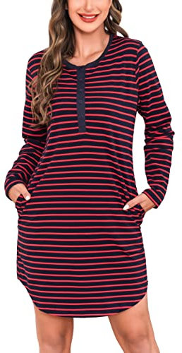 Vlazom Ladies Cotton Nightdresses,Soft Stripes Nightshirt for Women Long Sleeve Sleep Dress Sleepwear with Pockets, A-Navy+Red, L