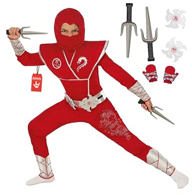 Morph, Ninja Costume Kids, Halloween Costumes for Kids | Red Hooded Jumpsuit with Attached Mask, Matching Gloves Included, Perfect for Halloween, Fun for Fancy Dress