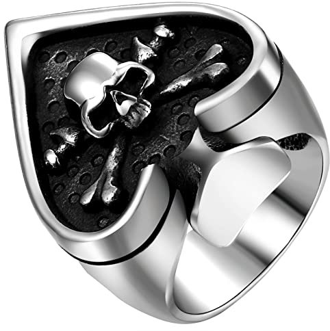 JewelryWe Schmuck Retro Herren-Ring, Gotik Pik Ass Totenkopf Schädel Ring Edelstahl Siegelring Biker Band Bandring mit Gravur, Schwarz Silber Größe 57