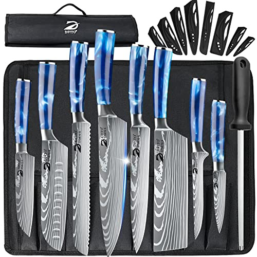 Dfito Chef Knife Sets with Roll Bag, 9 Pieces Professional Knife Set, High Carbon Stainless Steel Kitchen Chef Knife Set, Blue Resin Handle, Dishwasher Safe