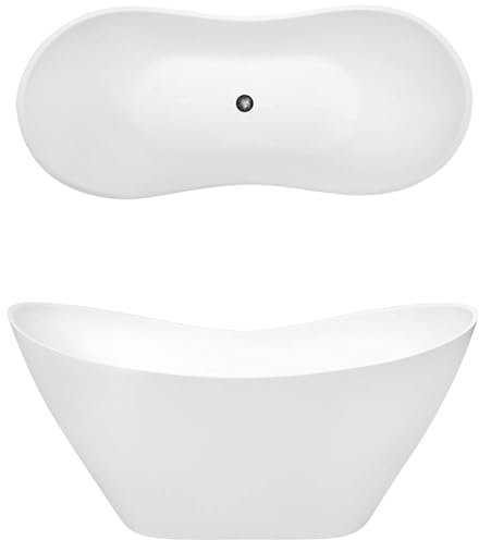 ECOLAM Baignoire autoportante Viya 170x72 cm | Vidage Click Clack | Design en fonte minérale | Baignoire îlot glamour blanc