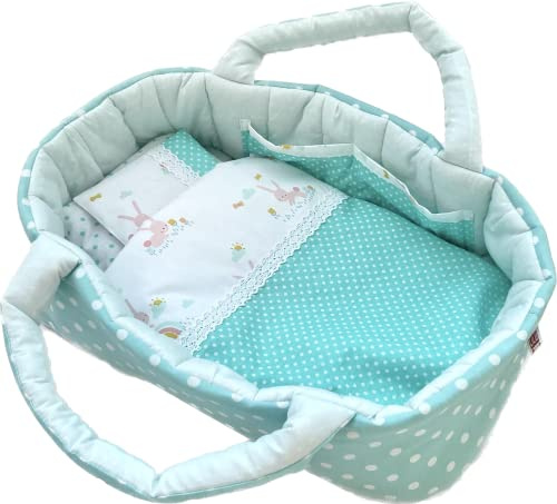 Puppentragetasche für Puppen 50-55 cm mit Bettwäsche, Pastell Grün, Polka Dot, Hasen, Waschbar