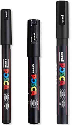 Posca - Ultra Fine to Fine Paint Marker Pens Set - PC-1MR, PC-1M, PC-3M - Black Ink - Pack of 3