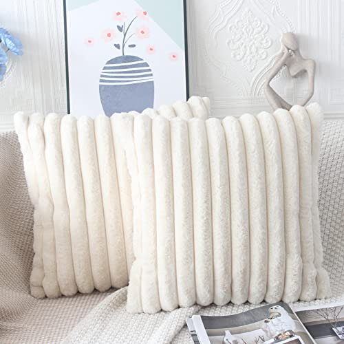 NIULAA Beige Kissenbezug 45x45 2er Set Flauschig Plüsch Deko Kissenbezüge Weich Gestreift Pelz Kissenhülle Dekokissen Sofakissenbezug Luxus Sofakissen Zierkissenbezüge Wohnzimmer Sofa