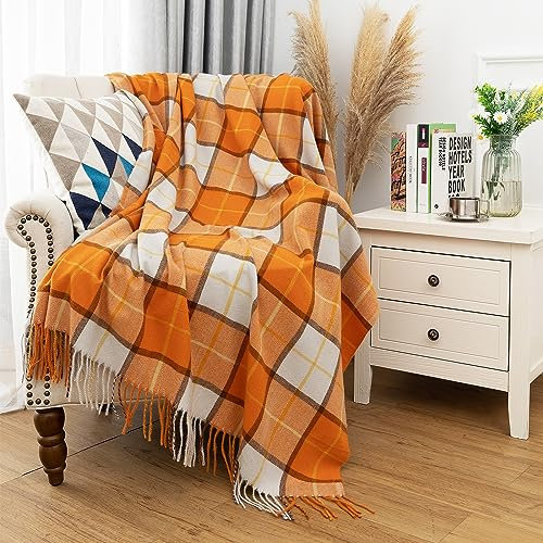 Quinnsus Orange Buffalo Plaid Überwurfdecke für Couch, weich, leicht, Herbst, Bauernhaus, Erntedankfest, Überwurfdecken, karierte Decke mit Quasten für Bett, Heimdekoration (127 x 152,4 cm)