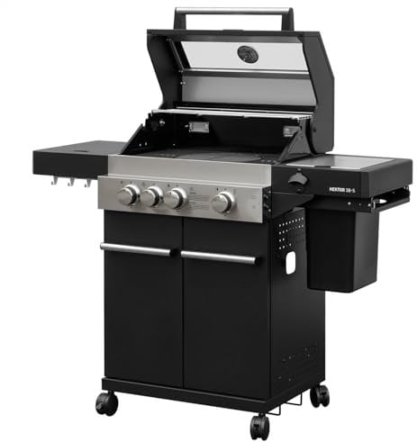 Feuergott Gasgrill Hektor 3B-S Edelstahl Gasgrillstation 3 Brenner, Infrarot Sear-Brenner, Gusseisen-Grillrost, Seitenkocher und Kochplatte Inkl. Abdeckhaube für Garten, Terrasse