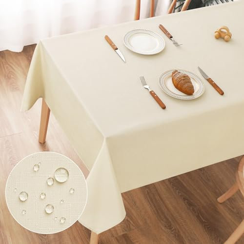 AooHome Tischdecke Abwaschbar Beige, 100x140cm Tischdecken Leinen-Optik Tischtuch aus Polyester Wasserabweisend mit Lotuseffekt, Dauerhaft Kratzfest für Wohnzimmer, Esszimmer, Balkon, Garten