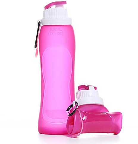 Omana 500ml Collapsible Silicone Water Bottle – BPA-Free, Lightweight, Leakproof, Foldable with Carabiner for Travel, Gym, Cycling, Hiking, School, Outdoor Activities (Pink)
