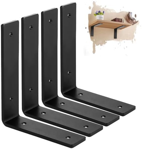 MLOQI 4 Pack Heavy Duty Shelf Brackets, 5mm Thick Scaffold Board L Wall Brackets for Shelves, Black Industrial Shelves Support (8x6/20cm x 15cm)