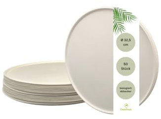 DeinPack Lot de 50 assiettes à pizza rondes en canne à sucre - Diamètre : 32,5 cm - Blanc - Assiettes de fête - Vaisselle jetable bio - Assiettes plates - Assiettes plates en bagasse - Vaisselle bio -