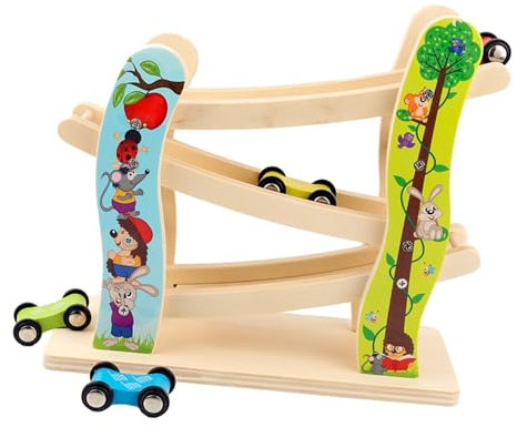 Folpus Rampe de Voiture en Bois, Jouet de Course, Jouet Montessori, Voiture à inertie, Petit véhicule de Course, Piste coulissante