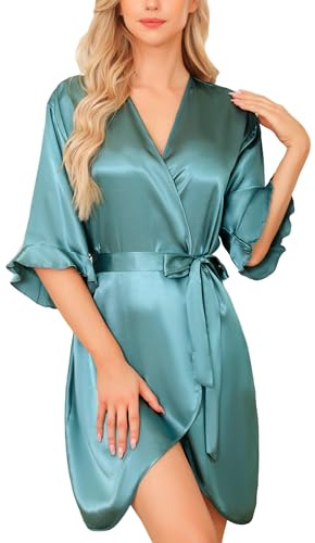 Lovasy Silk Dressing Gown for Women UK - Short Ruffle Satin Robe for Bride Bridesmaid, Soft V-Neck Kimono Bathrobe, Summer Dressing Gown, Grey Green, L