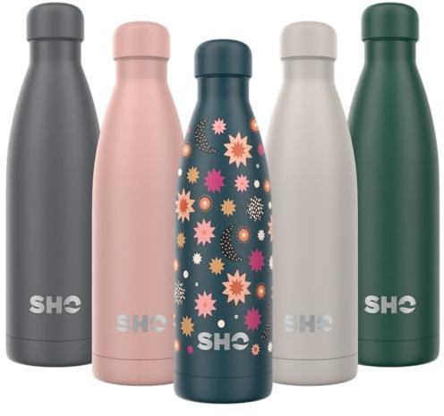 SHO Edelstahl-Wasserflasche – auslaufsicher, BPA-frei, kein Schweiß, vakuumisolierte, doppelwandige Metallflasche – Original, 2,0–12 Stunden heiß, 24 Stunden kalt (500 ml, Nova)
