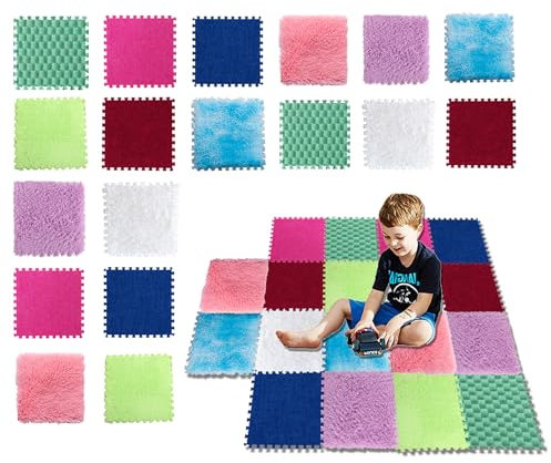 Sensory Tiles Plush Foam Floor Mat - 9/12/18 Pcs Interlocking Rugs for Sensory Room & Playroom - Textured Sensory Mat Puzzle, Carpet Tiles, 12x12 Inch