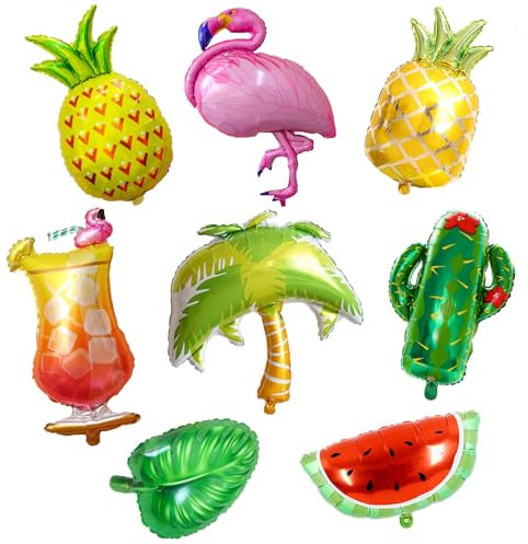 Hawaii Ballons Flamant Rose, 7 PCS Hawaiian Ananas Flamant Ballon, Palmier Ananas Hélium Ballons, Hawaiian Ballon, Ballons en Aluminium Hawaïen, pour Piscine Plage Thème Fête (B)