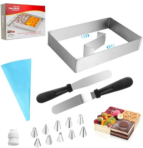 Molde para Pasteles Rectangular,Molde Extensible para Hornear de Acero Inoxidable,Anillo Pastel Cuadrado Hornear con Separadores, Espátula,Bolsa de Montaje,Boquilla de Montaje para Hornear Layer Cakes
