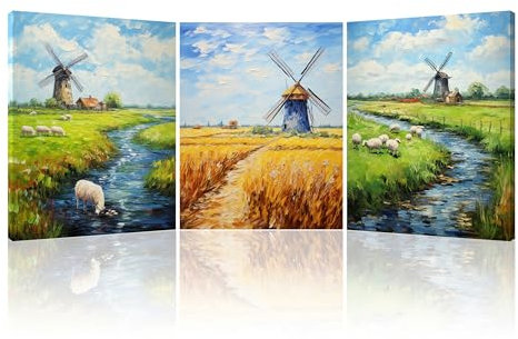 PIY PAINTING Quadro Paesaggio Rustico Stampa su tela 3pz Quadri Moderni 30x40cm Quadro su Tela, Girandola Pittura a olio per Bagno Sala da pranzo Sala studio, Telaio in Legno Incorporato