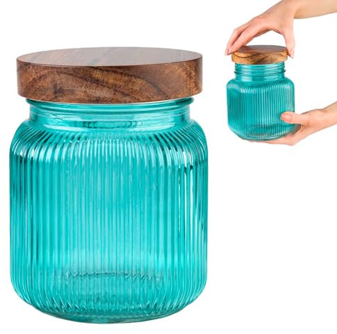 SUPERBUTELKI.PL Récipient de conservation en verre 1000 ml – Verre ondulé avec couvercle en bois – Récipient décoratif en verre pour épices, herbes, bonbons, bonbons, épices – Turquoise