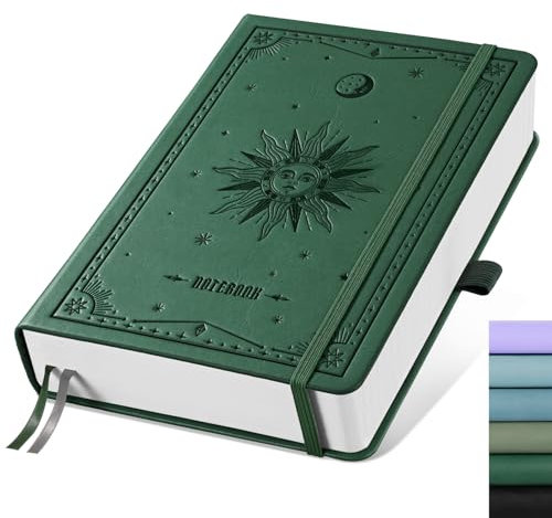 EMSHOI Notizbuch A5 Kariert, Notizblock, Hardcover Leder 320 Seiten mit 1 Innentasche, 100gsm Kariertes Papier, für Frauen Männer Büro Schule Arbeit Tagebuch, 14.5 x 21cm - Dunkelgrün