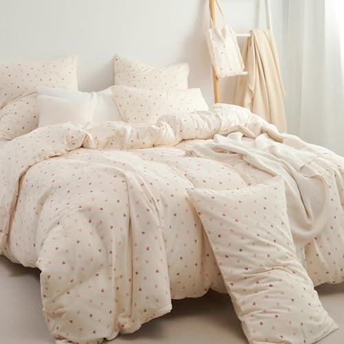 Sedefen Doppelte Musselin Bettwäsche 220x240 cm Baumwolle Leinen Weiß Rosa Herzen Bettwäsche Set,1 Bettbezug mit Reißverschluss und 2 Kissenbezug 80x80cm,85% Baumwolle und 15% Leinen Bettwäsche