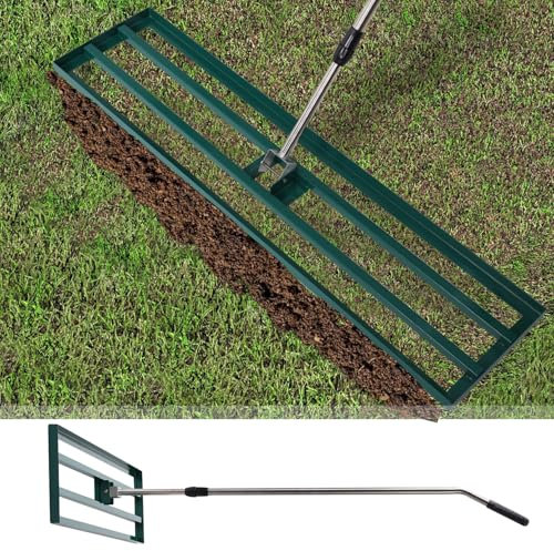 YODOLLA Lawn Leveling Rake, Stainless Steel Lawn Leveller Heavy Duty,Level Lawn Tool Adjustment Length Handle 195 x 102×25cm,Golf Field, Garden, Level Soil-Green