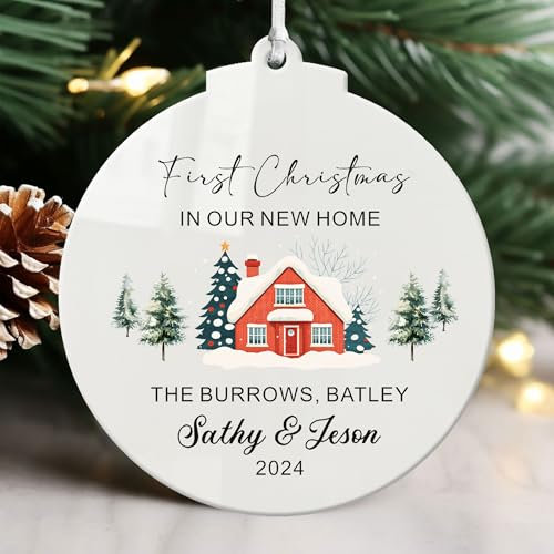 Personalised Christmas Tree Decrations Gifts New Home Gifts Custom White Acrylic Christmas Baubles Ornaments First Xmas in New Home with Any Text for Her Friends Wife Husband(Design 2, Round)